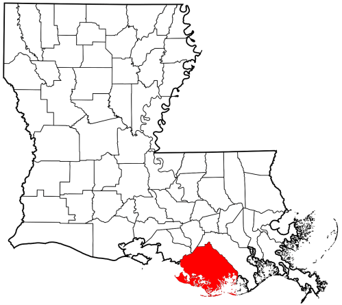 Map of Louisiana highlighting a specific region in red, with the rest of the state outlined in black.