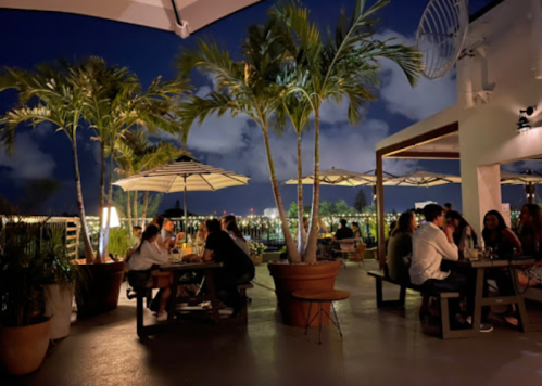 A lively rooftop restaurant at night, featuring palm trees, umbrellas, and groups of people enjoying their meals.
