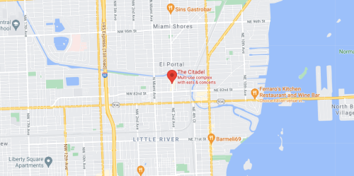 Map showing The Citadel, a multi-use complex for eats and concerts, located in Miami, near El Portal and Little River.