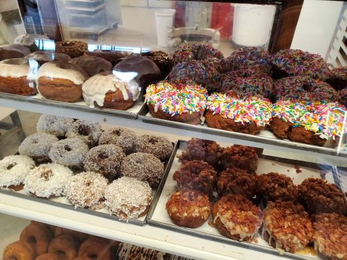 A display case filled with various donuts, including chocolate, glazed, and sprinkle-covered varieties.