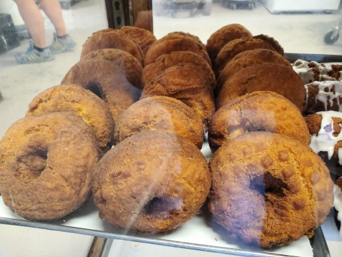A display of freshly baked, golden-brown donuts in a glass case.