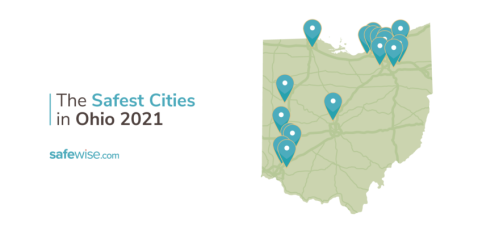 Map of Ohio highlighting the safest cities in 2021, with location markers and the Safewise logo.
