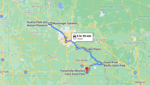 Map showing a route from Quarry Park and Nature Preserve to Forestville/Mystery Cave State Park, totaling 297 miles.