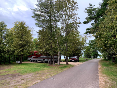 A winding road lined with trees, leading to parked RVs in a grassy area under a cloudy sky.