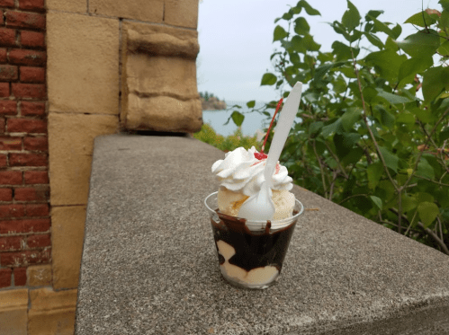 A dessert cup with layers of cake, ice cream, chocolate sauce, and whipped cream, set against a scenic background.