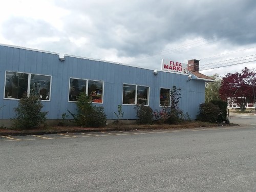 A blue building with a sign reading "Flea Market," surrounded by shrubs and a cloudy sky.