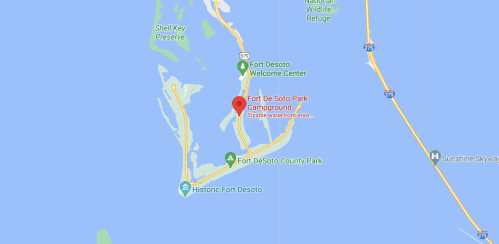 Map showing Fort De Soto Park, including the campground and nearby attractions in the surrounding water area.