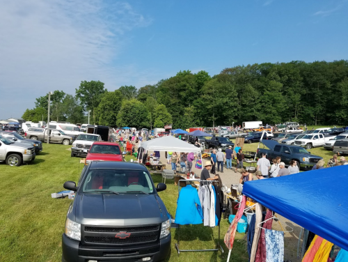 A bustling outdoor market with vendors, shoppers, and parked cars under a clear blue sky and green trees.