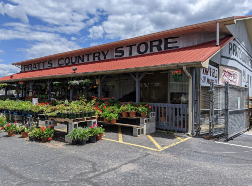 A country store with a red roof, featuring potted plants and flowers outside, under a partly cloudy sky.