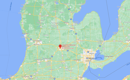 Map showing the location of Jalapeños Mexican Restaurant in Michigan, near the cities of Grand Rapids and Detroit.