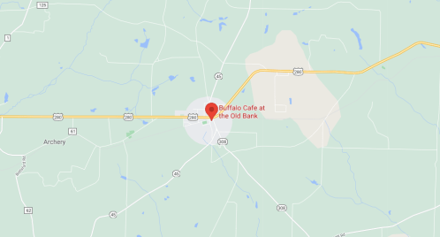 Map showing the location of Buffalo Cafe at the Old Bank, near Archery, with surrounding roads and landmarks.