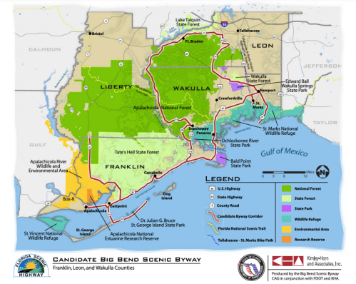 Map of the Candidate Big Bend Scenic Byway in Florida, highlighting highways, parks, and natural areas in the region.