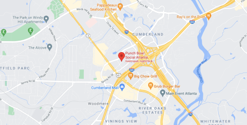 Map showing the location of Punch Bowl Social Atlanta, near Cumberland Mall and major highways.