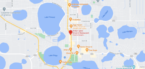 Map showing a section of a city with lakes, restaurants, and notable locations marked, including Andy's Igloo.