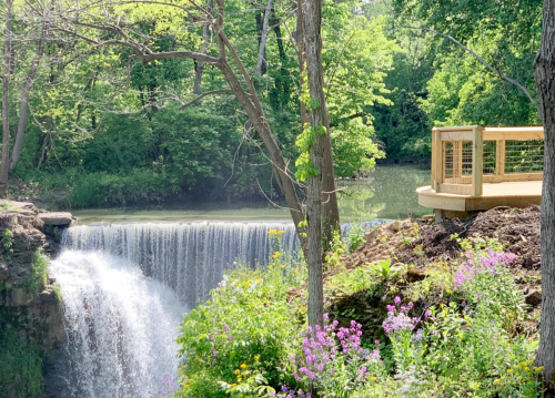 A serene waterfall cascades into a pond, surrounded by lush greenery and colorful wildflowers, with a wooden viewing platform nearby.