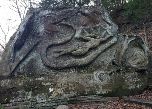 A large rock featuring a carved dragon design, surrounded by trees and fallen leaves.