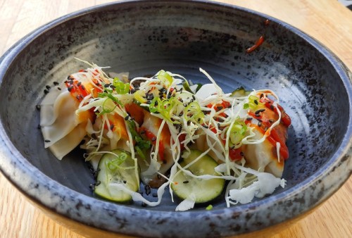 A bowl of dumplings topped with green onions, sesame seeds, and drizzled with sauce, served on a bed of cucumber slices.