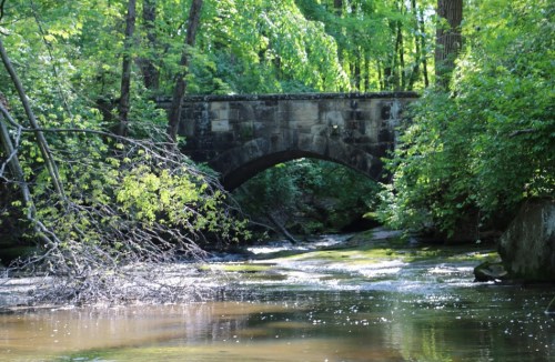 A stone arch bridge over a calm stream, surrounded by lush green trees and foliage.