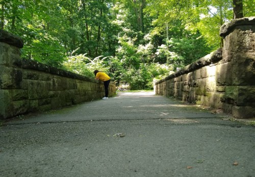 A person in a yellow jacket leans over a stone bridge in a lush, green forested area.
