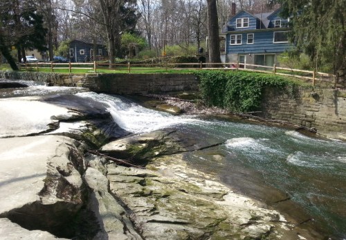 A serene stream flows over rocky terrain, with a stone wall and trees in the background, and a house visible nearby.