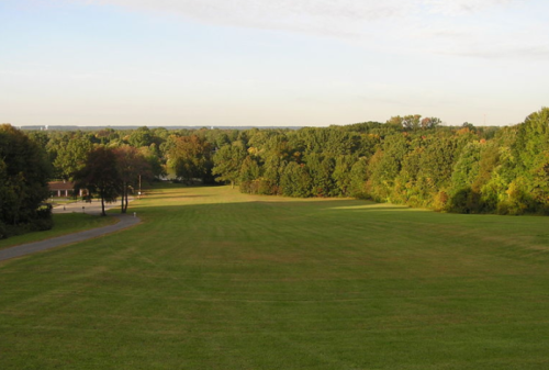 A wide, green field stretches out, bordered by trees under a clear sky, with a road visible in the foreground.
