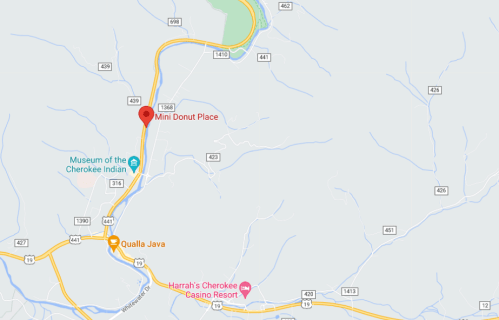 Map showing the location of Mini Donut Place near the Museum of the Cherokee Indian and Harrah's Cherokee Casino Resort.