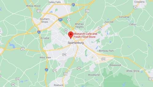 Map showing Spartanburg, South Carolina, with a marker for Monarch Cafe and Fresh Food Store.