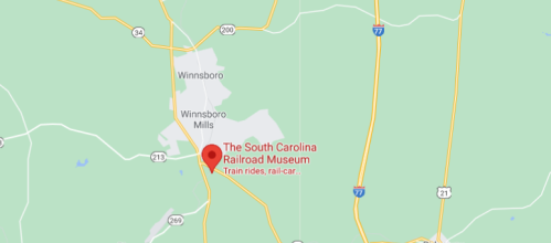 Map showing the location of The South Carolina Railroad Museum near Winnsboro, with nearby roads and landmarks.