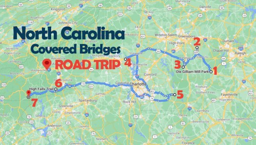 Map of North Carolina highlighting a road trip route to covered bridges, with key locations numbered along the path.
