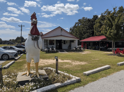 A large chicken statue stands in front of a rustic restaurant with outdoor seating and a clear blue sky.