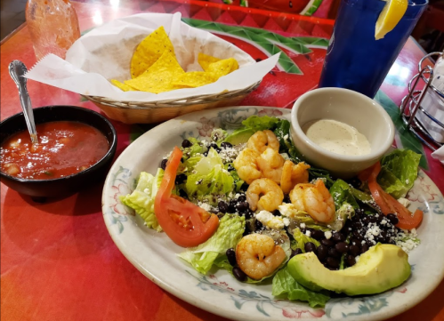 A colorful plate featuring shrimp salad with lettuce, tomatoes, avocado, black beans, and a side of salsa and tortilla chips.