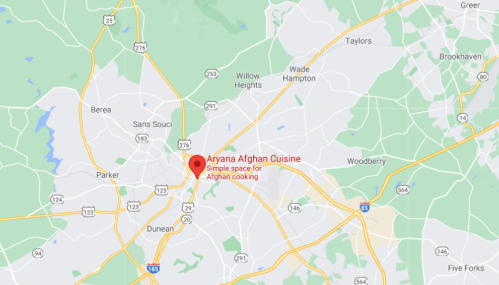 Map showing the location of Aryana Afghan Cuisine, a restaurant noted for Afghan cooking, in a suburban area.