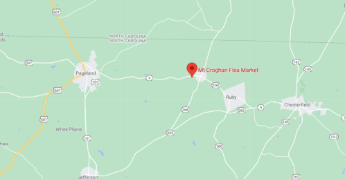 Map showing the location of Mt. Croghan Flea Market in South Carolina, near Ruby and Chesterfield.