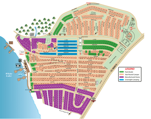 Map of a campground layout, showing various sections for park models, campers, and overnight camping near White Lake.