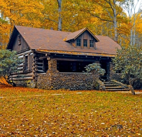 A rustic log cabin surrounded by autumn foliage and trees, with a stone porch and a warm, inviting atmosphere.