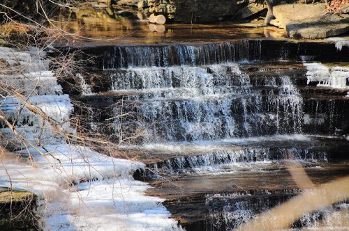 A serene waterfall cascades over rocky steps, surrounded by ice and bare branches in a tranquil natural setting.