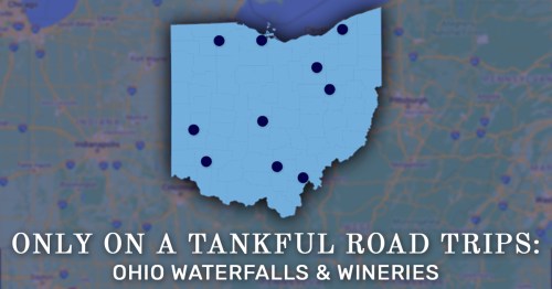 Map of Ohio highlighting locations of waterfalls and wineries, with the title "Only on a Tankful Road Trips."
