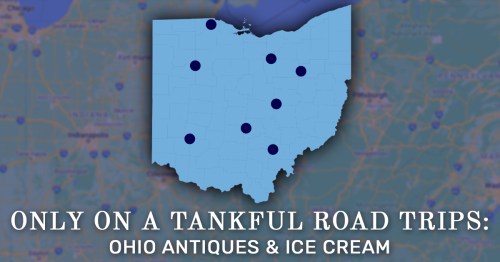 Map of Ohio highlighting locations for antiques and ice cream on a road trip, with text overlay promoting the journey.