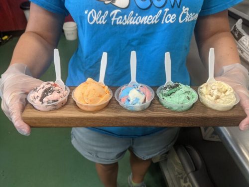 A person holds a wooden tray with five small cups of colorful ice cream flavors, wearing gloves and a blue shirt.