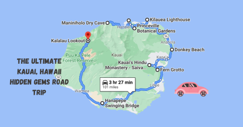 Map of Kauai, Hawaii, highlighting a scenic road trip route with key attractions and a pink car icon.