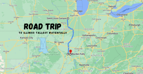 Map highlighting a road trip route to Burden Falls, Illinois' tallest waterfalls, with major cities marked.