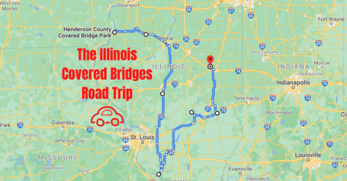 Map showing the route for the Illinois Covered Bridges Road Trip, highlighting key locations and a car icon.