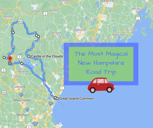 Map of a scenic road trip in New Hampshire, featuring Castle in the Clouds and Great Island Common, with a car icon.