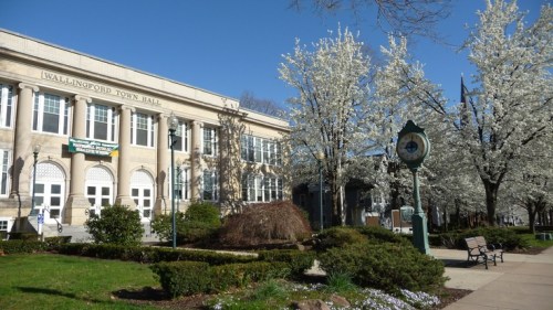 Wallingford Town Hall surrounded by blooming trees and greenery on a clear day.
