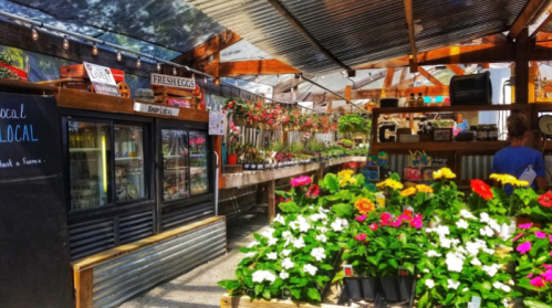A vibrant market stall filled with colorful flowers and fresh produce under a rustic wooden structure.