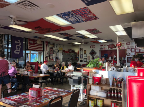 A busy restaurant interior with patrons dining, decorated with sports memorabilia and flags on the ceiling.