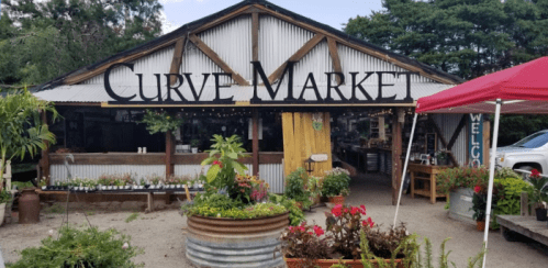 A rustic market building with "Curve Market" sign, surrounded by plants and flowers, under a clear blue sky.