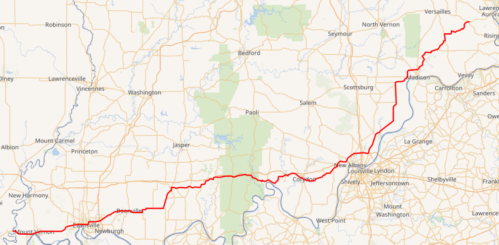 Map showing a red route winding through southern Indiana and northern Kentucky, with various towns and landmarks marked.