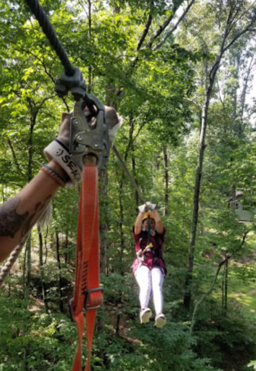 A person zip-lining through a forest, holding onto the harness, with trees surrounding them.