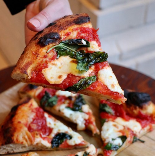 A hand holding a slice of pizza topped with tomato sauce, mozzarella, and fresh basil, with a wooden board in the background.